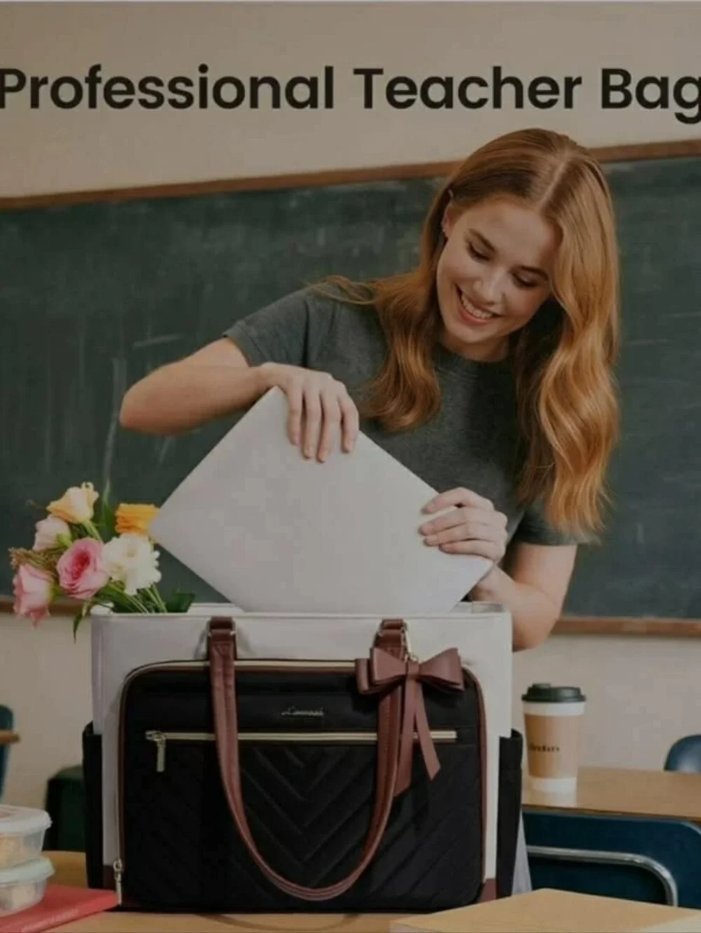 LOVEVOOK Teacher Tote Bag for Women, Work Laptop Bag Gift with Large Cup Holder,